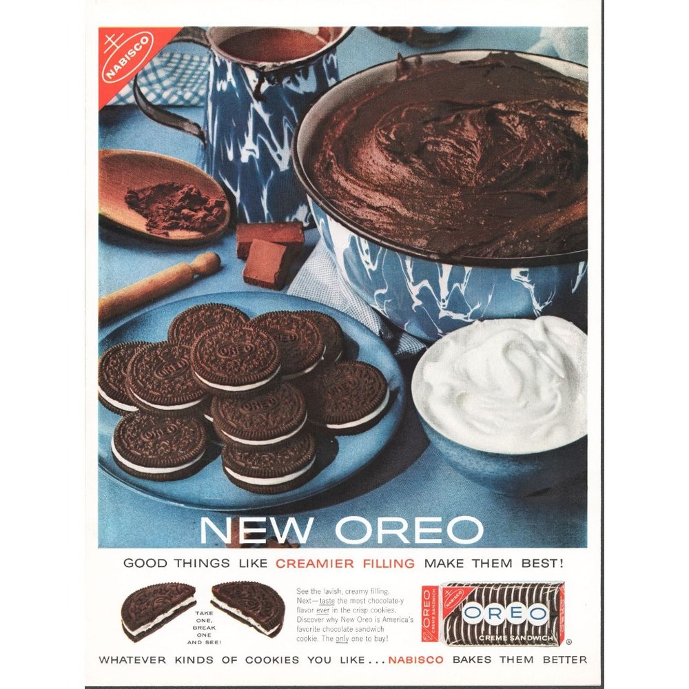 1960 Oreo Cookie Nabisco Vintage Print Ad Chocolate Sandwicg Enamelware Wall Art